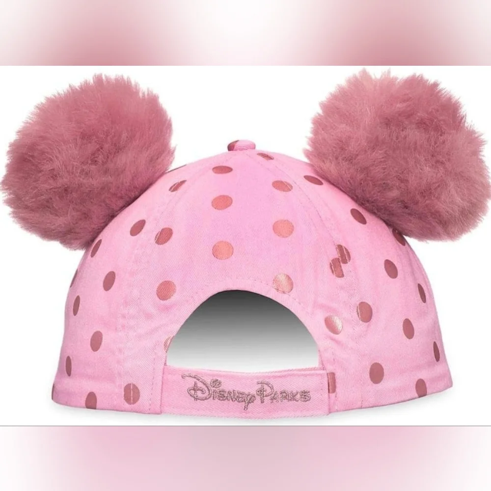 Disney Minnie Mouse Pink Polka Dot Fuzzy Pom-Pom Ears Baseball Cap, OS